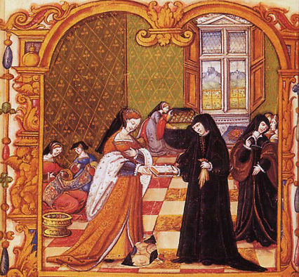 1540 (approx) - miniature, queen Marguerite de Navarre gifting her book, Le débat d'amour to Anne de Pisseleu