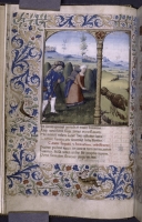 1485 -99 - Book of Hours (Paris); June, the month's activity (scything the hay), and the month's zodiac (Cancer)