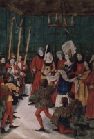 1488 -89 - The Queen presenting the prize for a jousting tournament, from Livre des Tournois de Rene d'Anjou