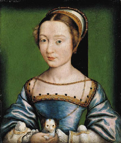 1530s (approx) - Portrait of a lady in a blue dress, holding a puppy Corneille de Lyon